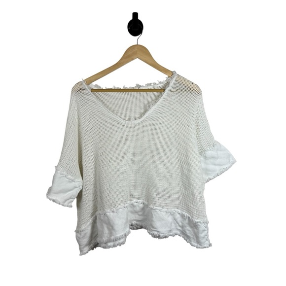 Milio Milano Women’s Cotton Mesh Grid Short Sleeve Crochet Top White L - Picture 2 of 10